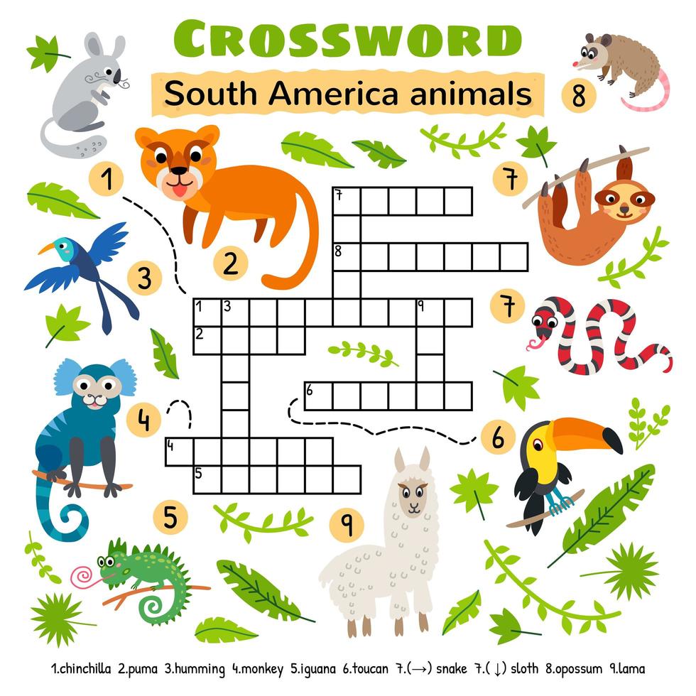 crucigrama de animales de américa del sur. juego para niños vector