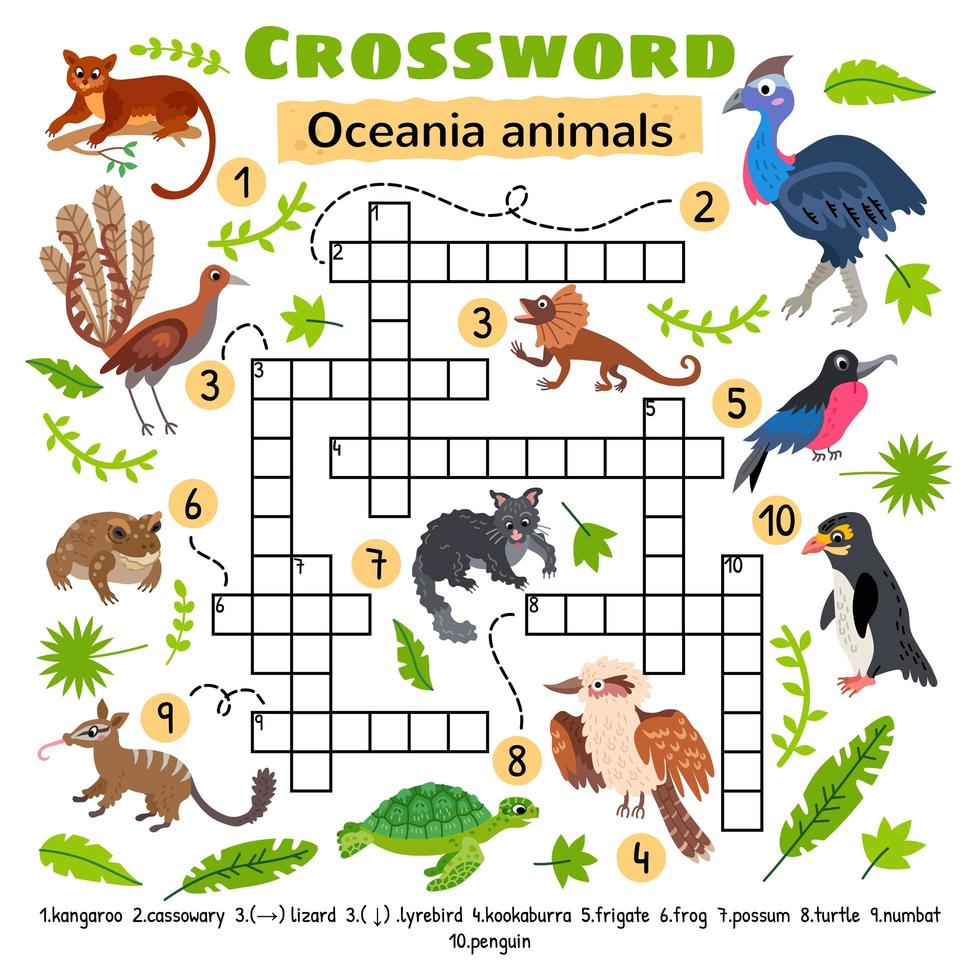 Oceania animals crossword. Game for preschool kids vector