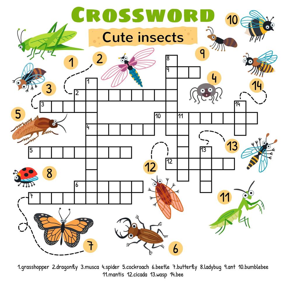 Cute insects crossword. Game for preschool kids vector