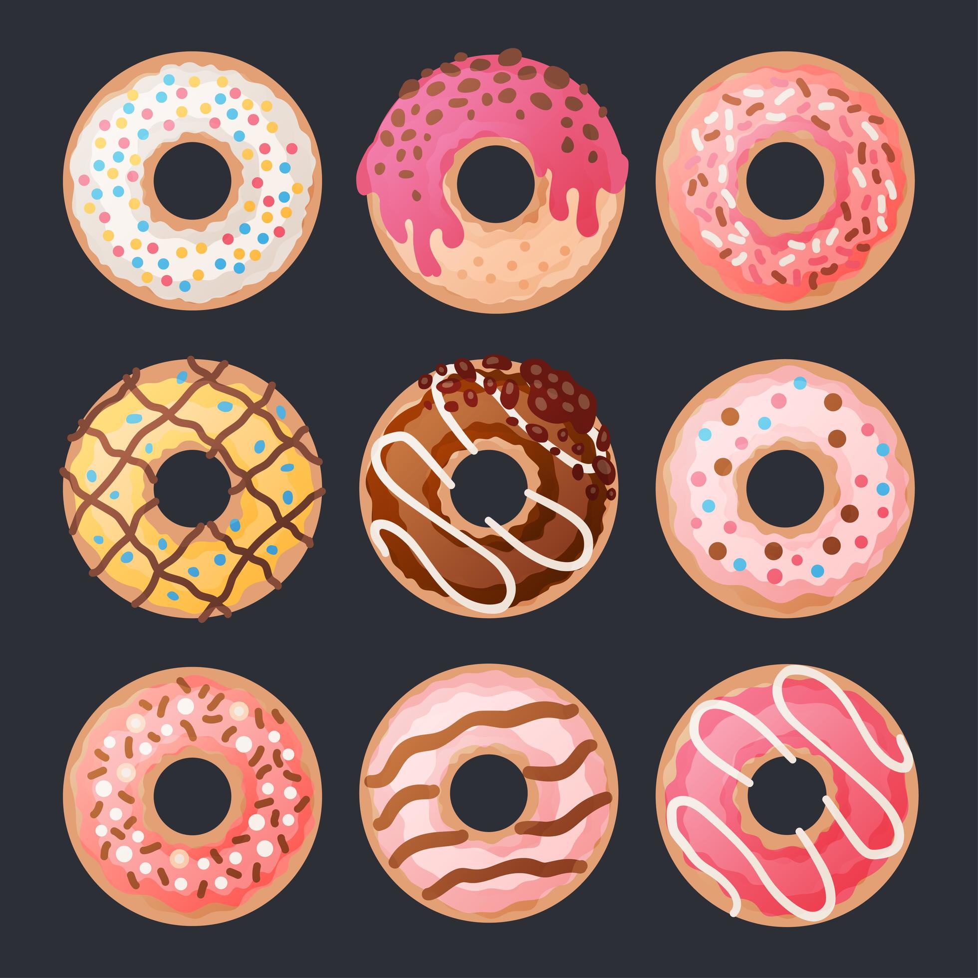 Set of 9 cartoon colorful donuts on black vector