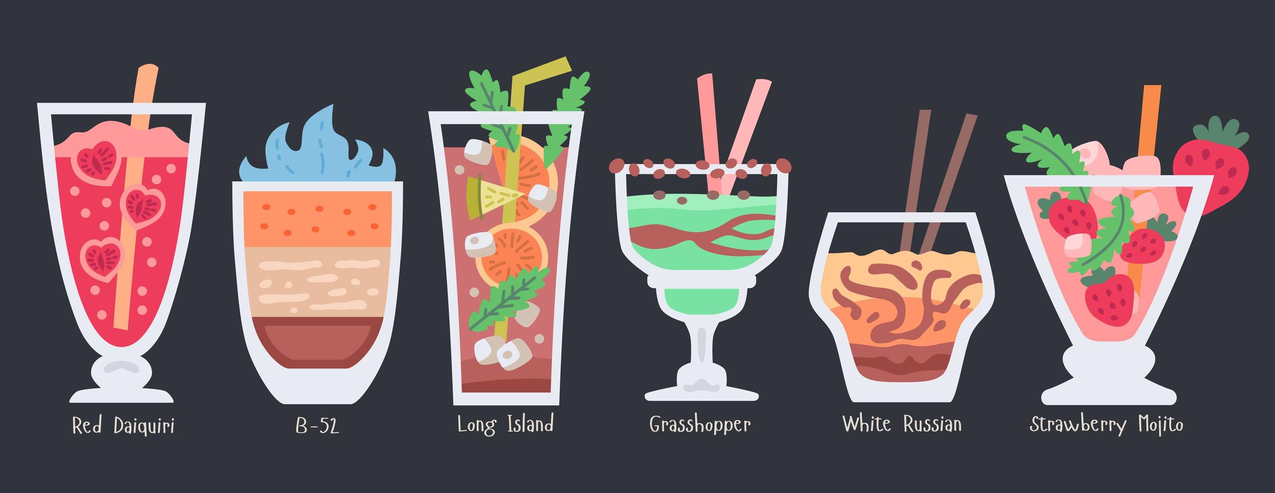 Alcoholic fruit cocktails set. Beach party drinks vector