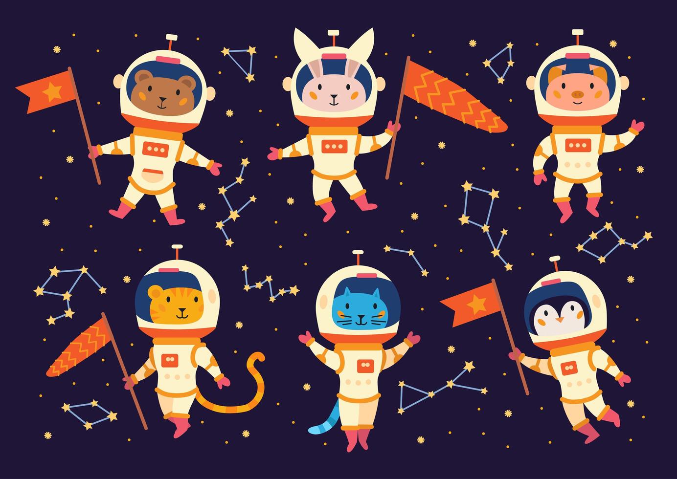 Set of animal astronauts in space suits. vector