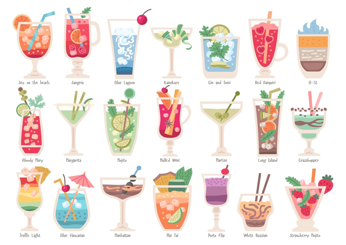 Alcoholic fruit cocktails set. Beach party drinks vector