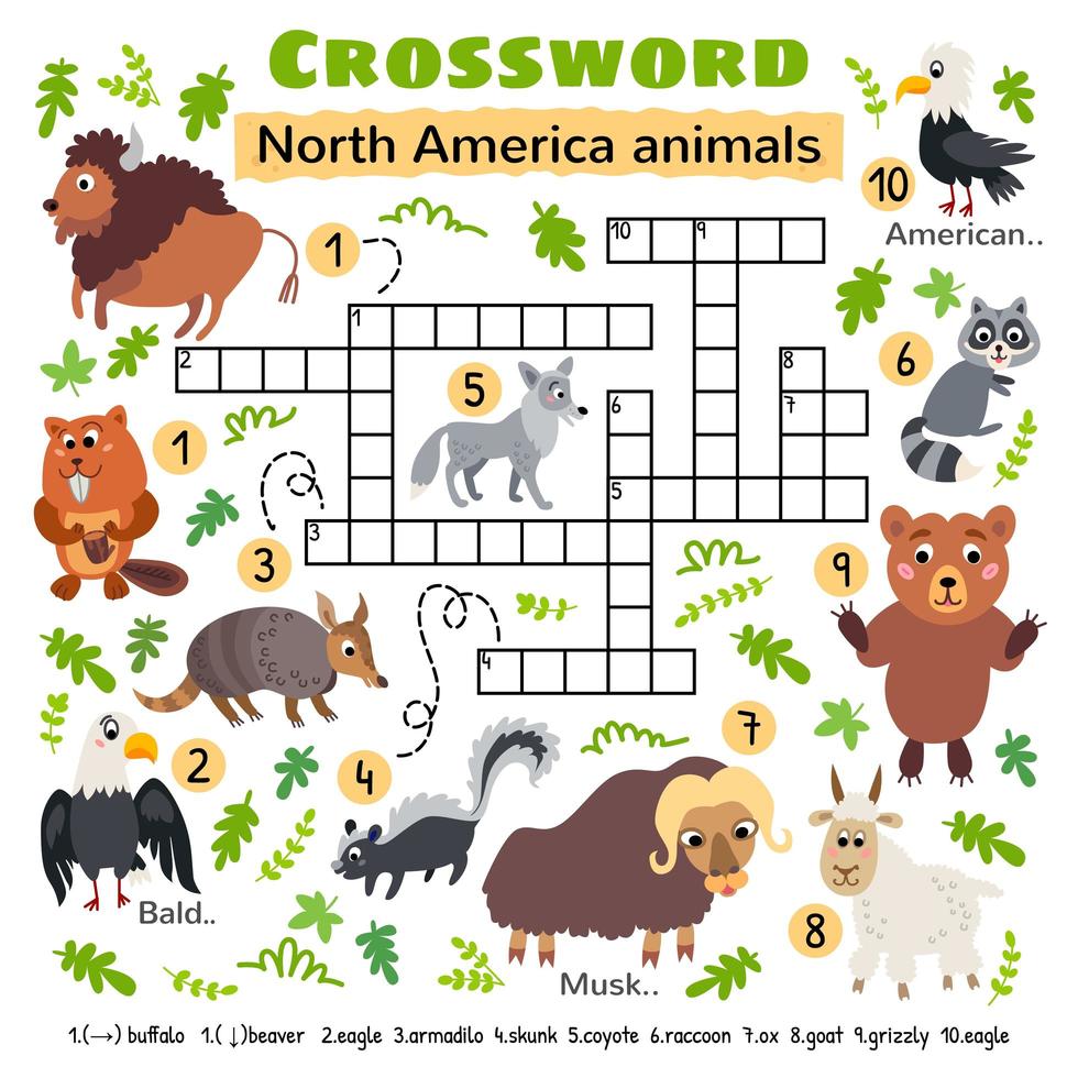 North America animals crossword. Game for kids vector