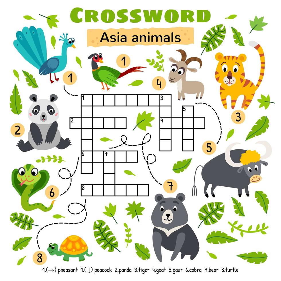 crucigrama de animales de asia. juego para niños en edad preescolar vector