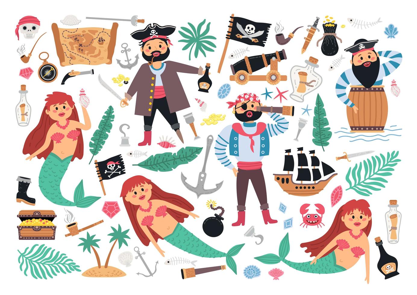 Pirate collection with sail ship, mermaid, pirates vector