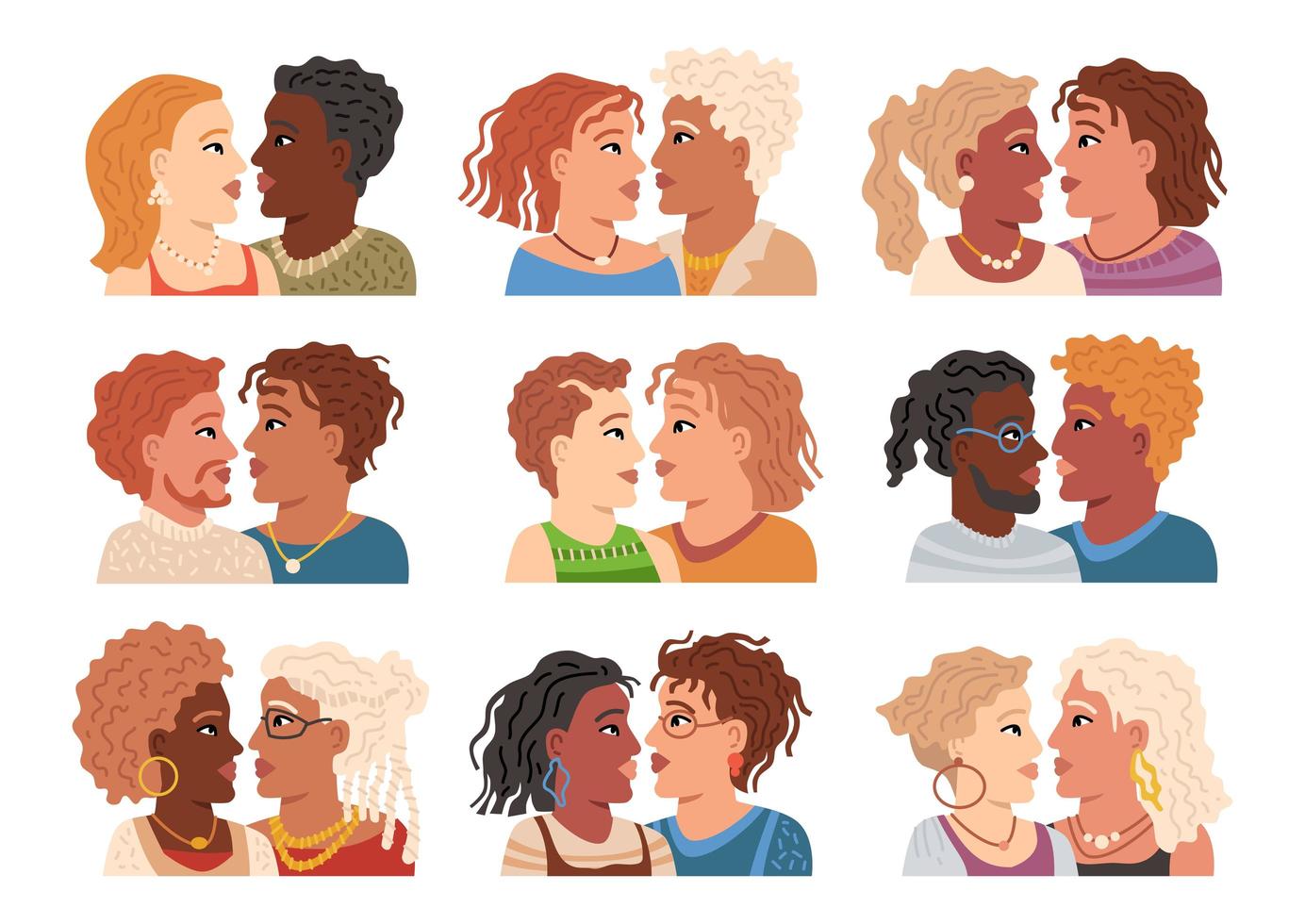 Modern avatars of couples set. Collection of flat portraits. vector