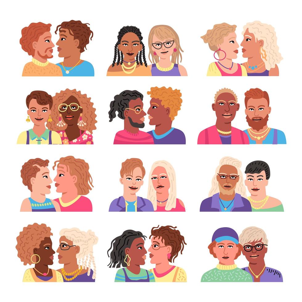 conjunto de avatares de pareja lgbt modernos. vector