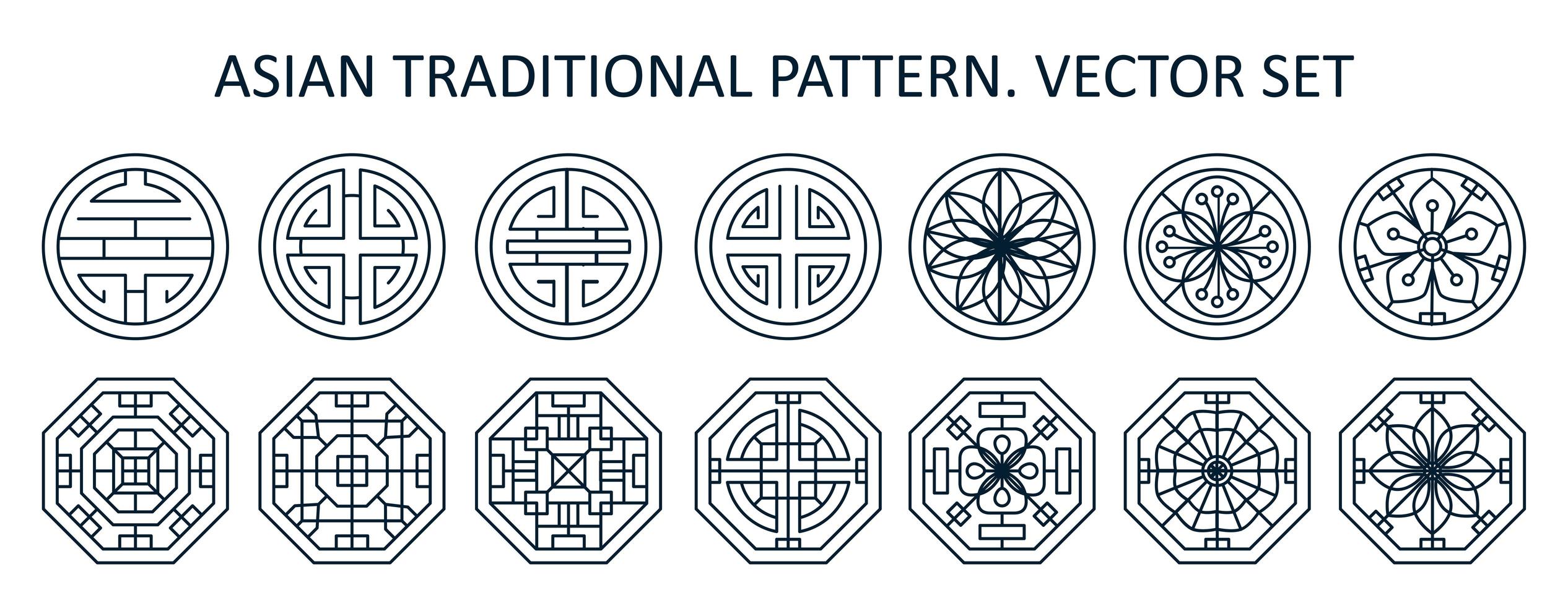 Asian various geometric traditional pattern. Vector set