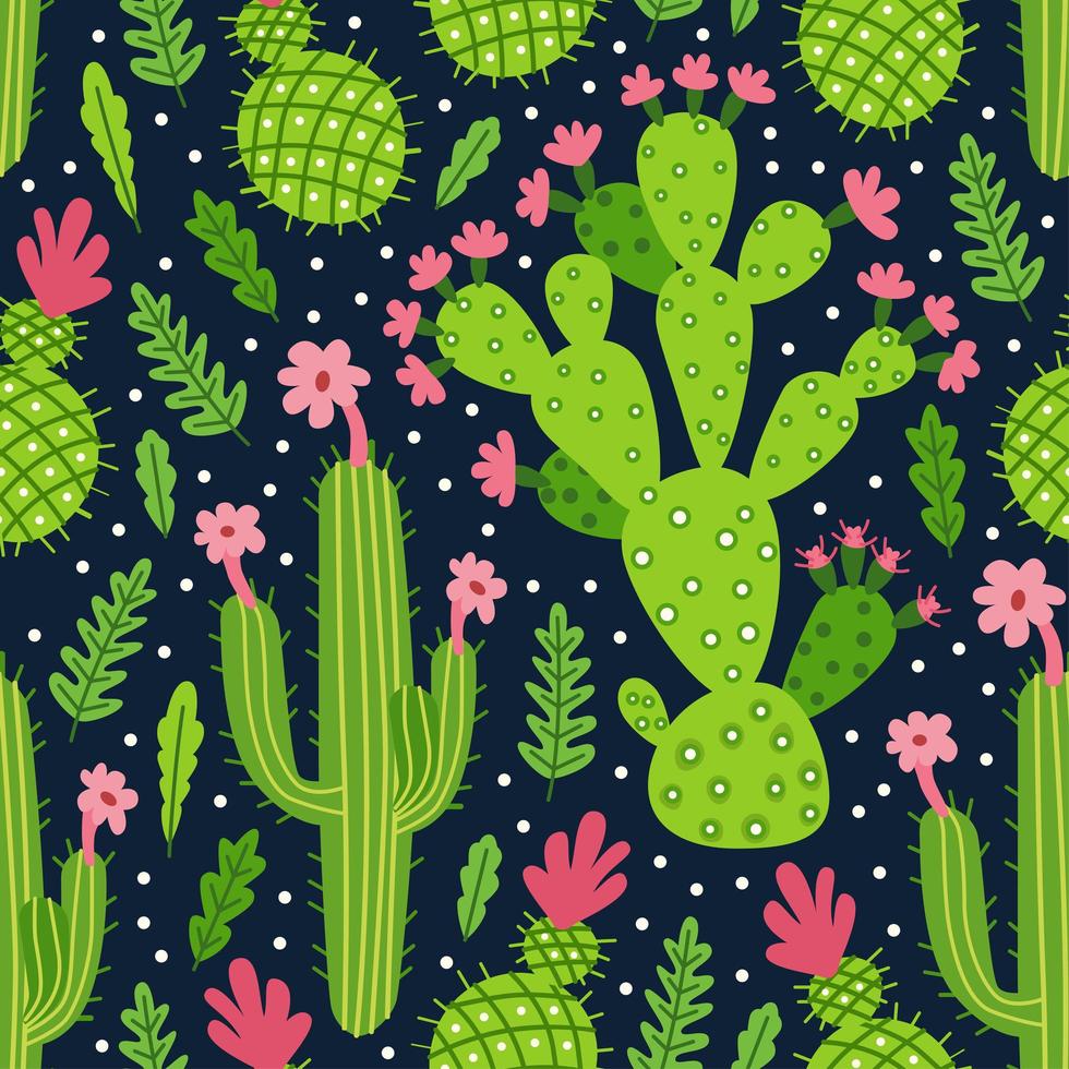 un patrón de vector de cactus de dibujos animados brillante infantil