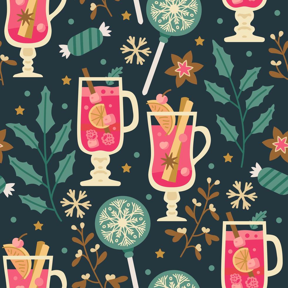 Christmas sweets pattern with winter hot drinks vector