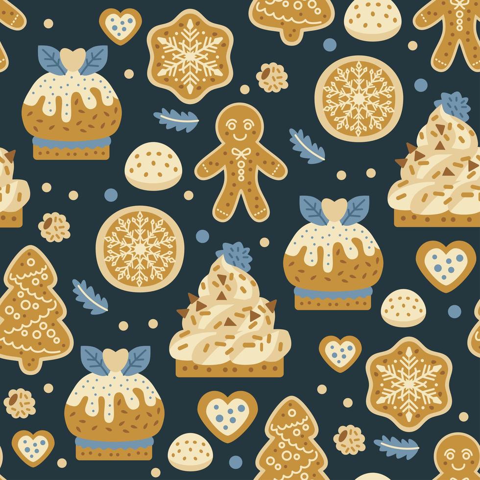 Patrón de dulces navideños con galletas de jengibre. panadería vector