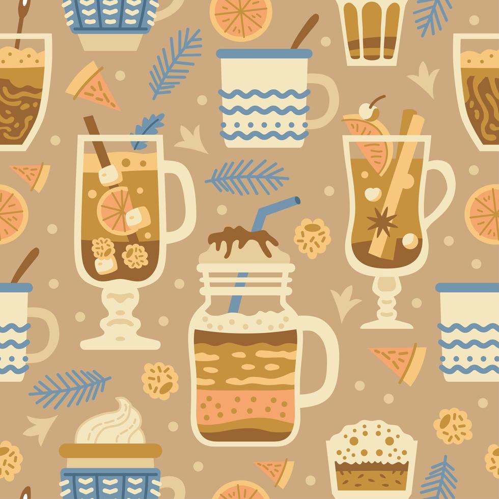 Christmas sweets pattern with winter hot drinks vector