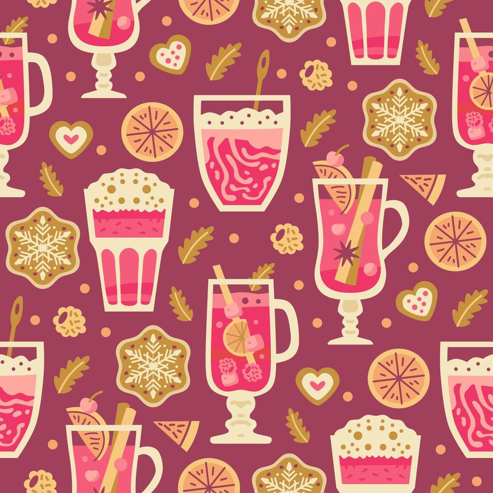 Christmas sweets pattern with winter hot drinks vector