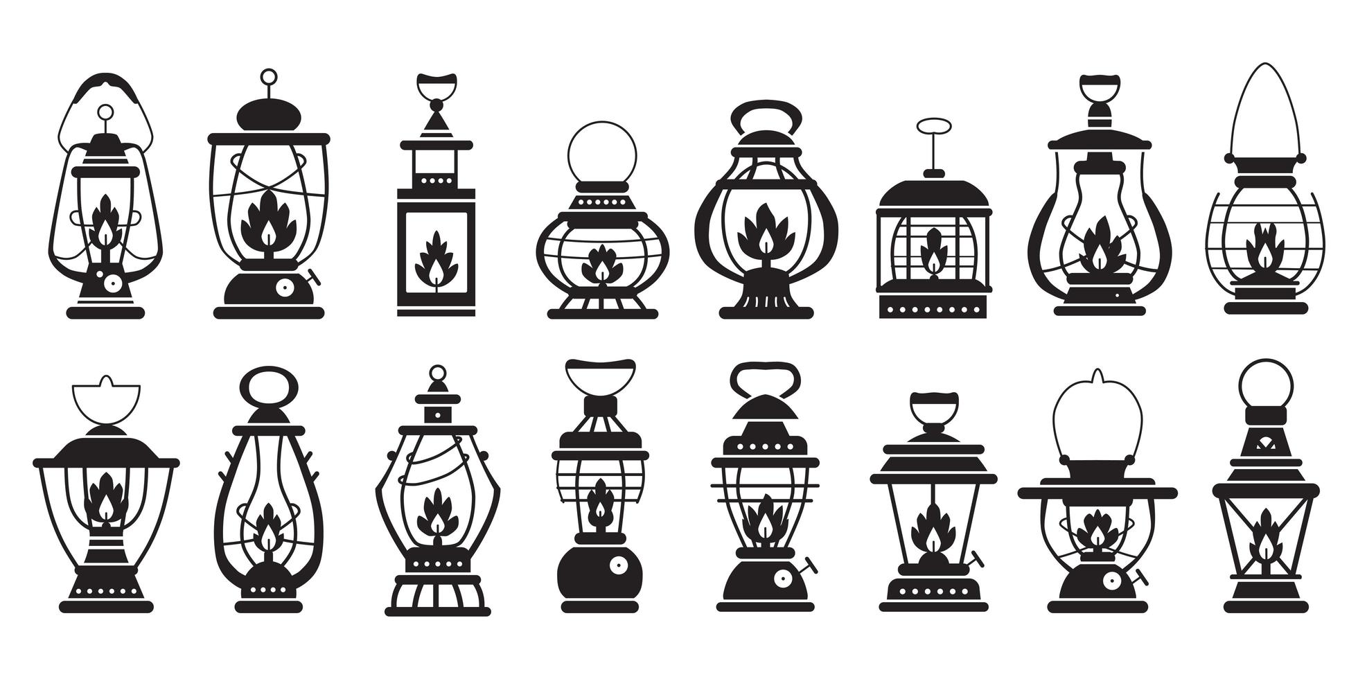 Camping silhouette lantern set. Vector of camping equipment.