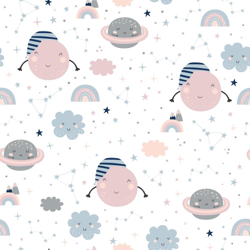 Seamless childish pattern with moons, clouds, rainbows and starry sky vector