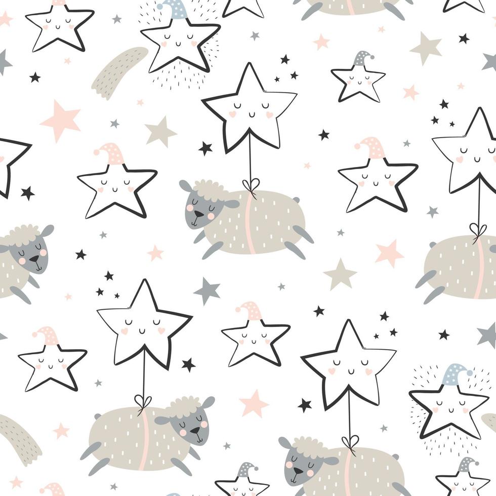 Seamless childish pattern with cute ships and starry sky. vector