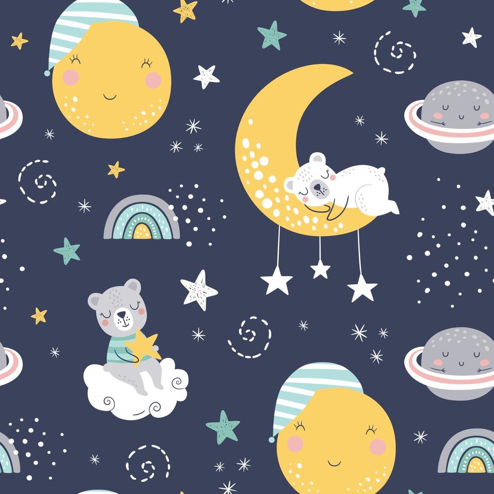 Seamless childish pattern with sleeping bears, clouds, rainbows, moon vector