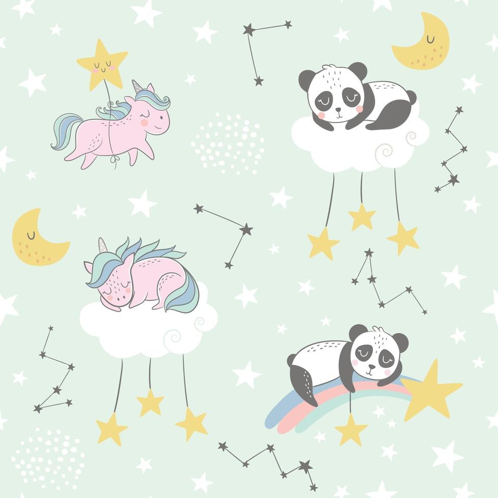 Seamless vector childish pattern with cute unicorns, panda, stars