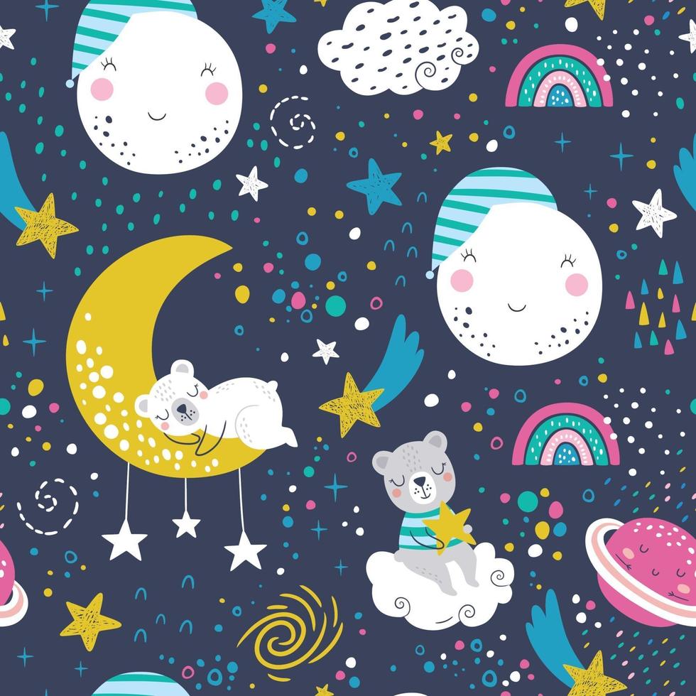 Seamless childish pattern with sleeping bears, clouds, rainbows, moon vector