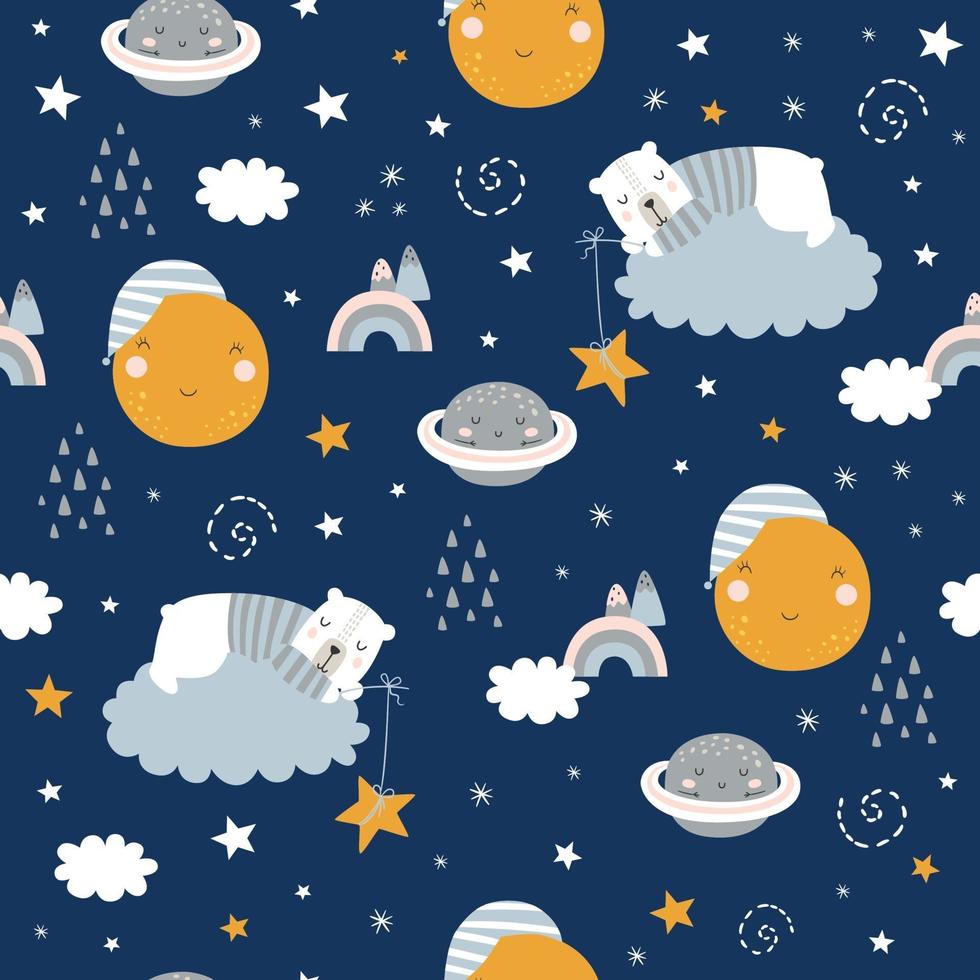 Seamless childish pattern with catching stars cute bears, planets vector
