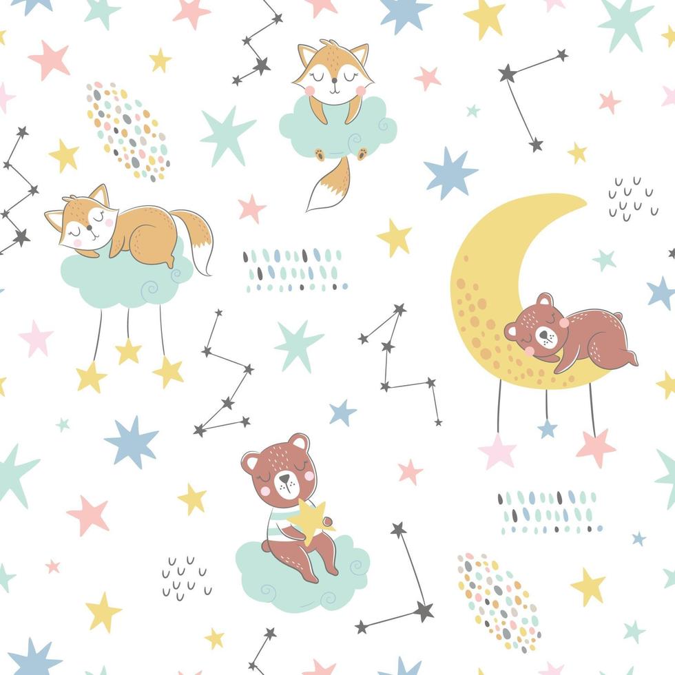 Seamless childish pattern with sleeping foxes, bears, clouds, rainbow vector