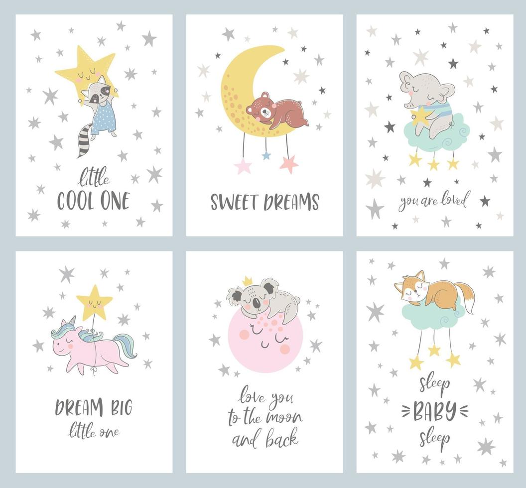 Vector set of 4 night cards with cute characters and phrases. Nursery