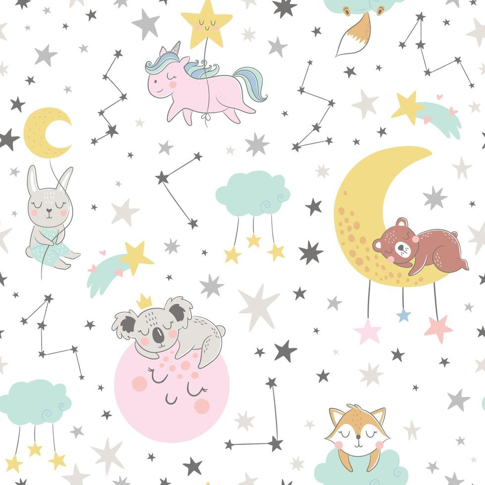 Seamless childish pattern with sleeping fox, bear, koala, unicorn vector