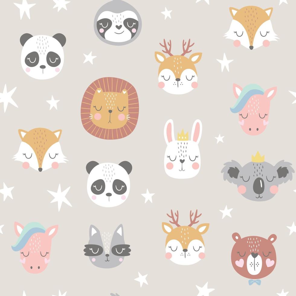 Seamless childish pattern with funny animals faces vector