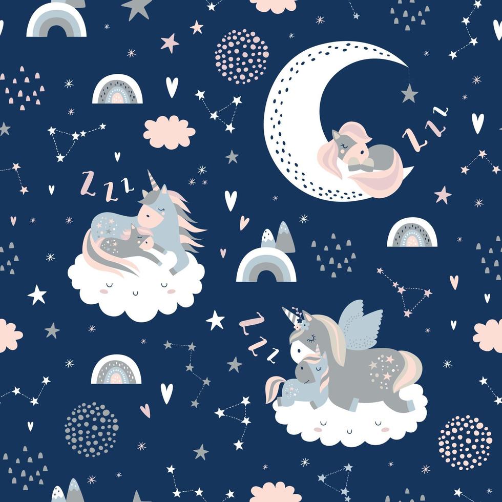 Vector seamless pattern with cute sleeping unicorns