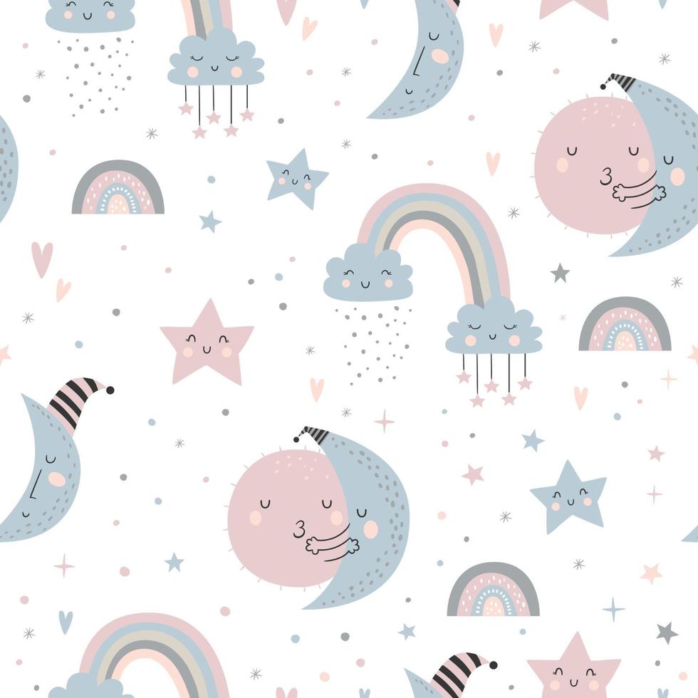 Seamless childish pattern with moons, clouds, rainbows and starry sky vector