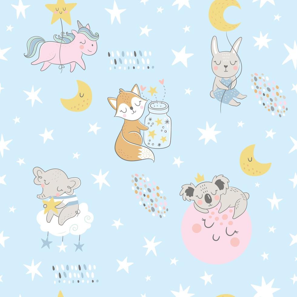 Seamless childish pattern with sleeping foxes, clouds, rainbow, jar vector