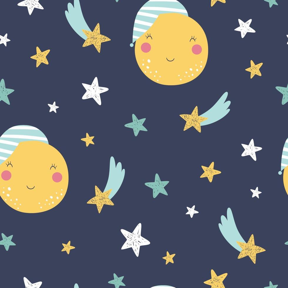 Seamless childish pattern with cute moon, stars and comets vector