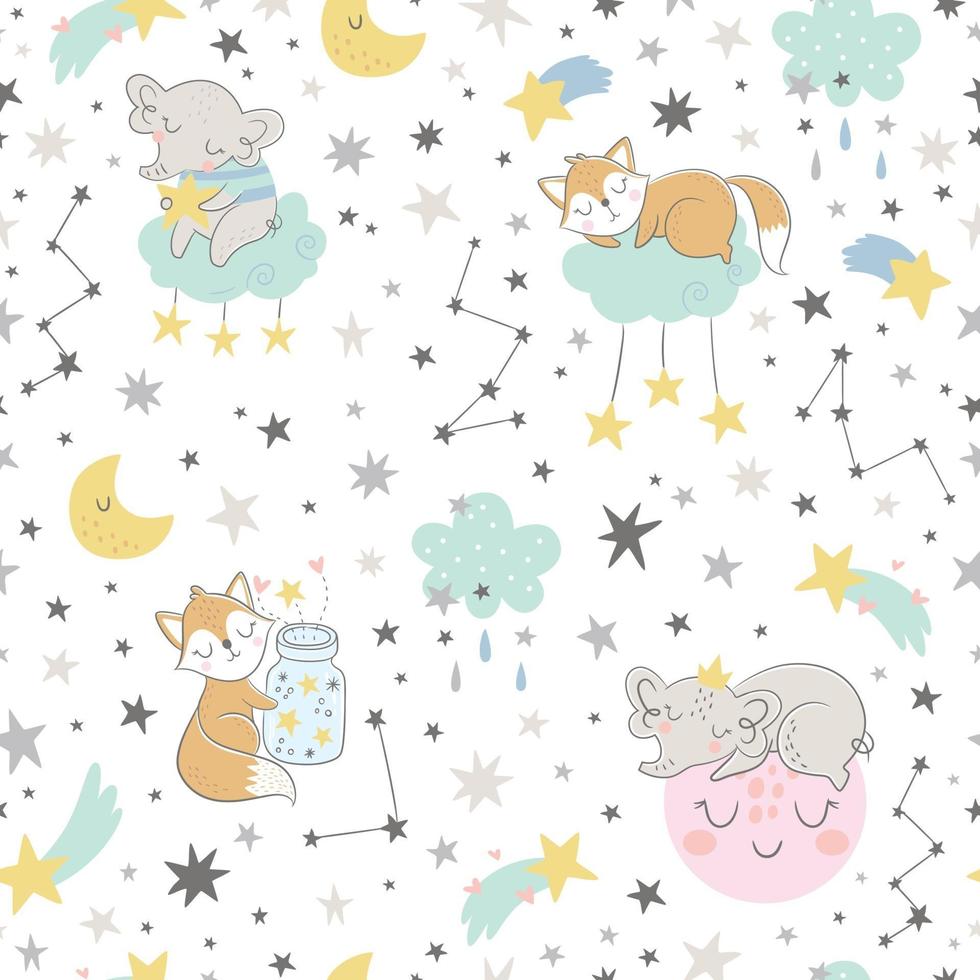 Seamless childish pattern with sleeping foxes, clouds, rainbow, jar vector