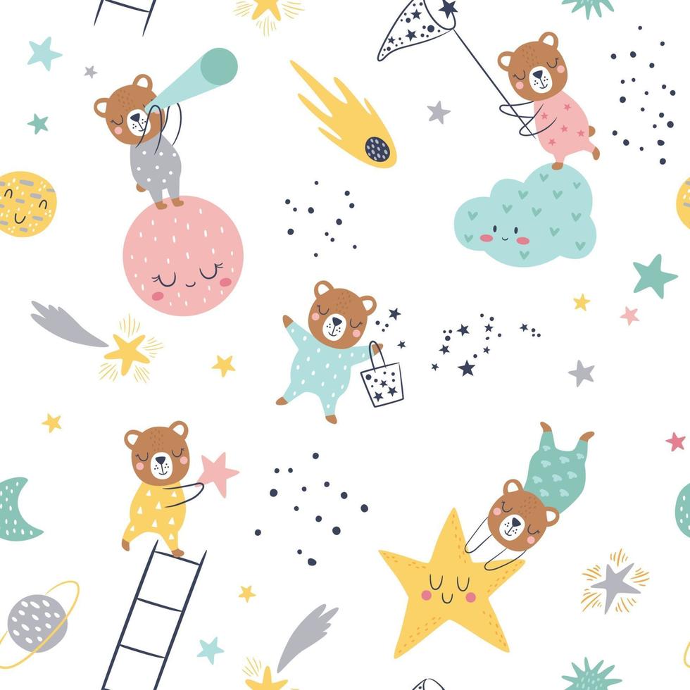 Seamless childish pattern with catching stars cute bears, planets vector