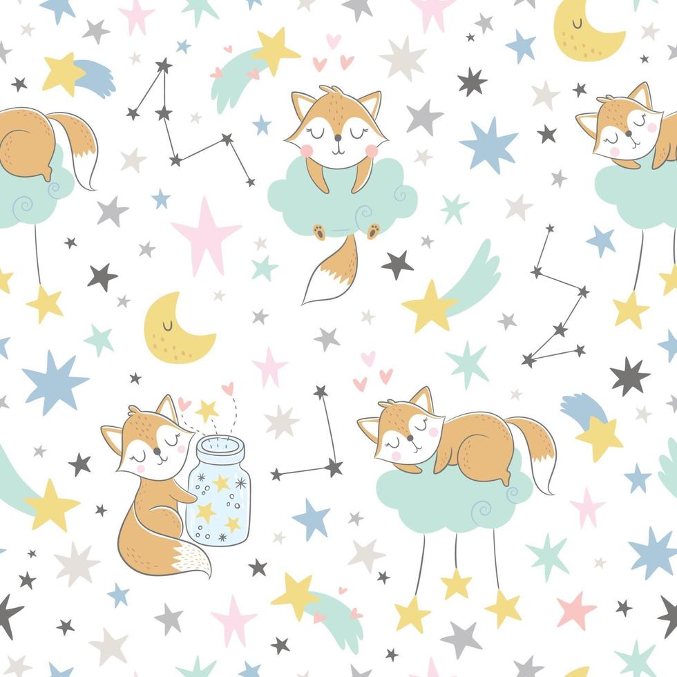 Seamless childish pattern with sleeping foxes, clouds, rainbow, jar vector