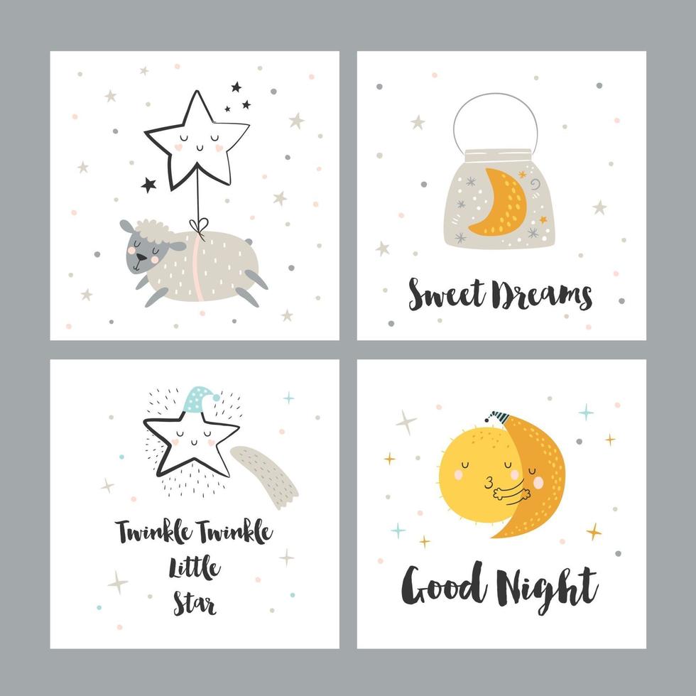 Vector set of 4 night cards with cute cartoon characters and phrases