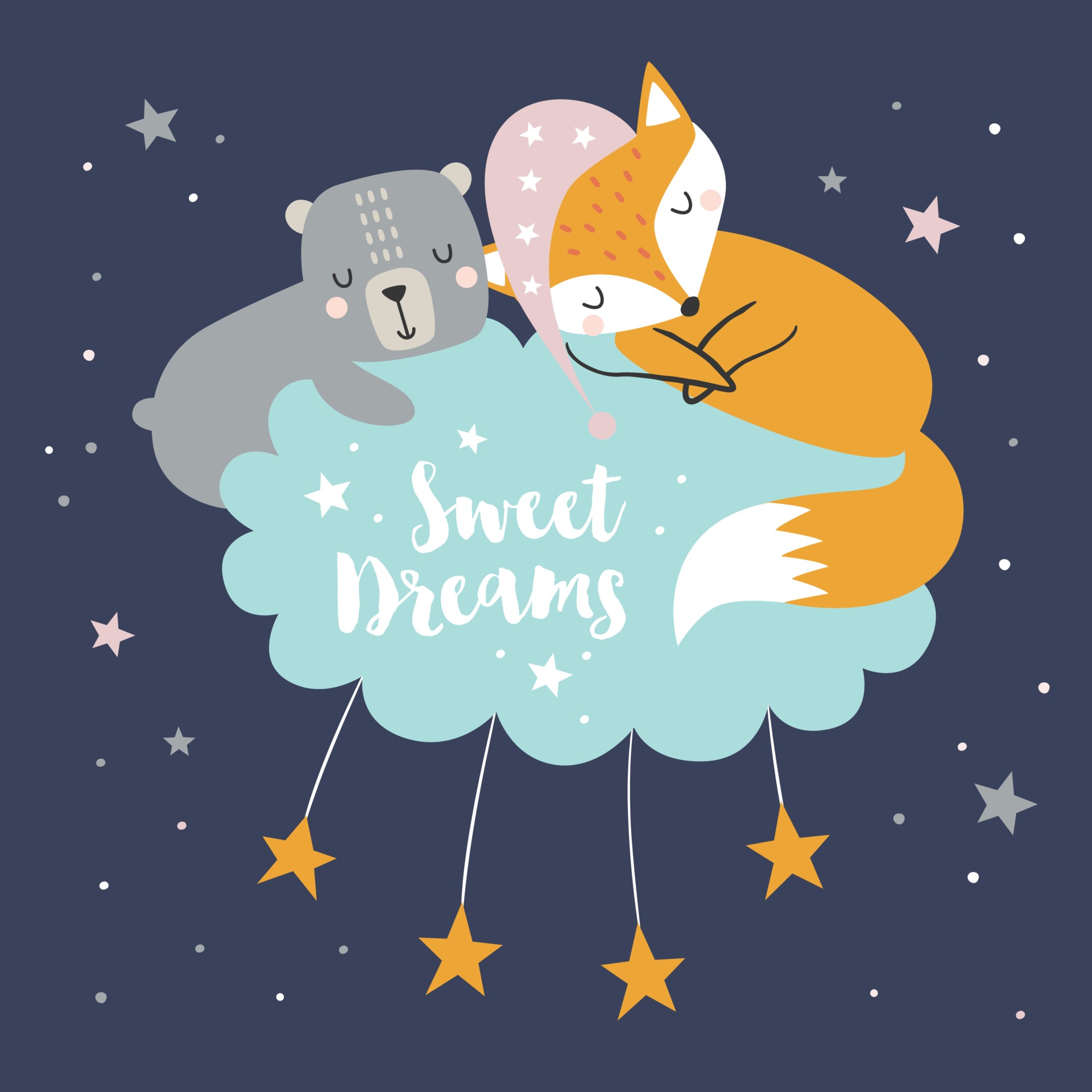 Sweet Dreams with fox and bear design concept. Childish print 3443754 ...