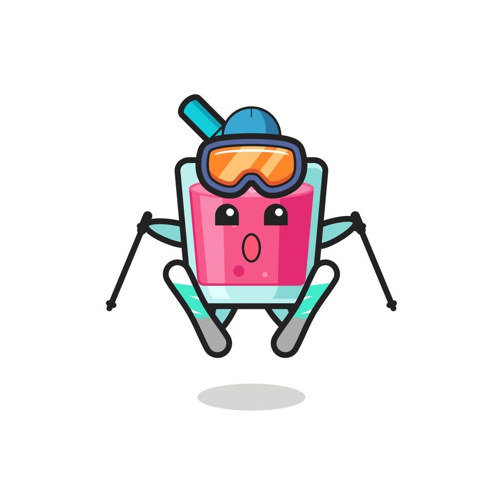 personaje de mascota de jugo de fresa como jugador de esquí vector