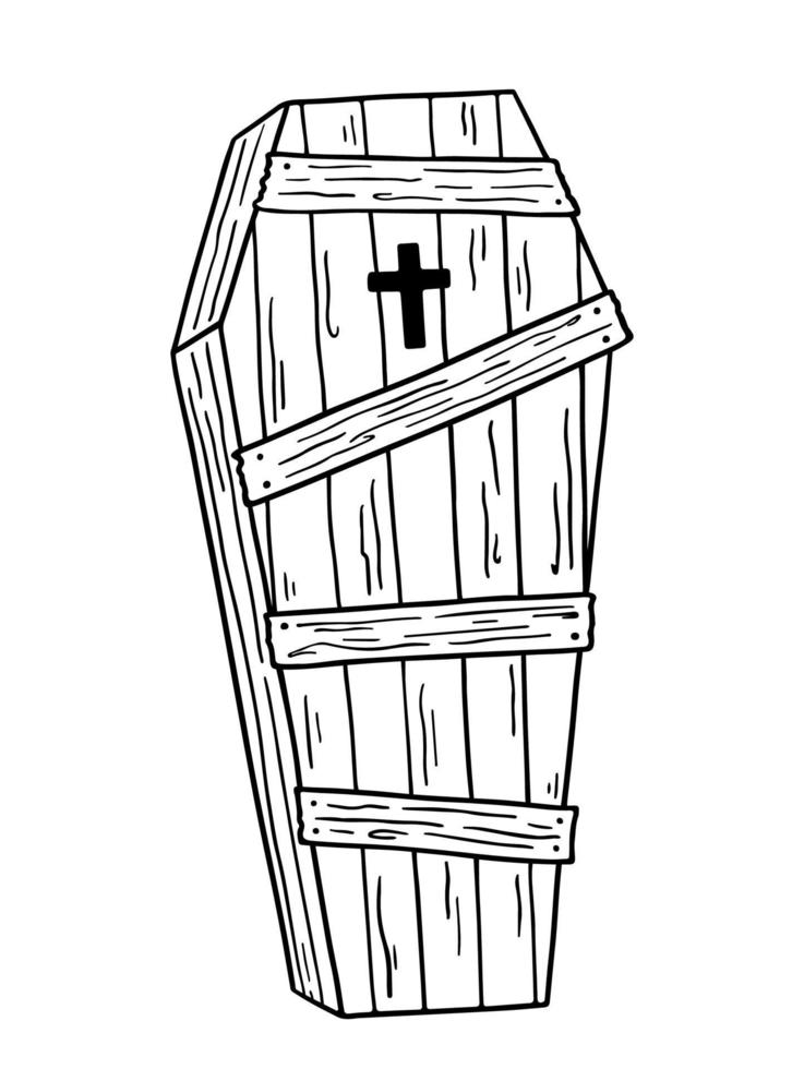 Ataúd de madera tapiada con una cruz aislado sobre fondo blanco. vector