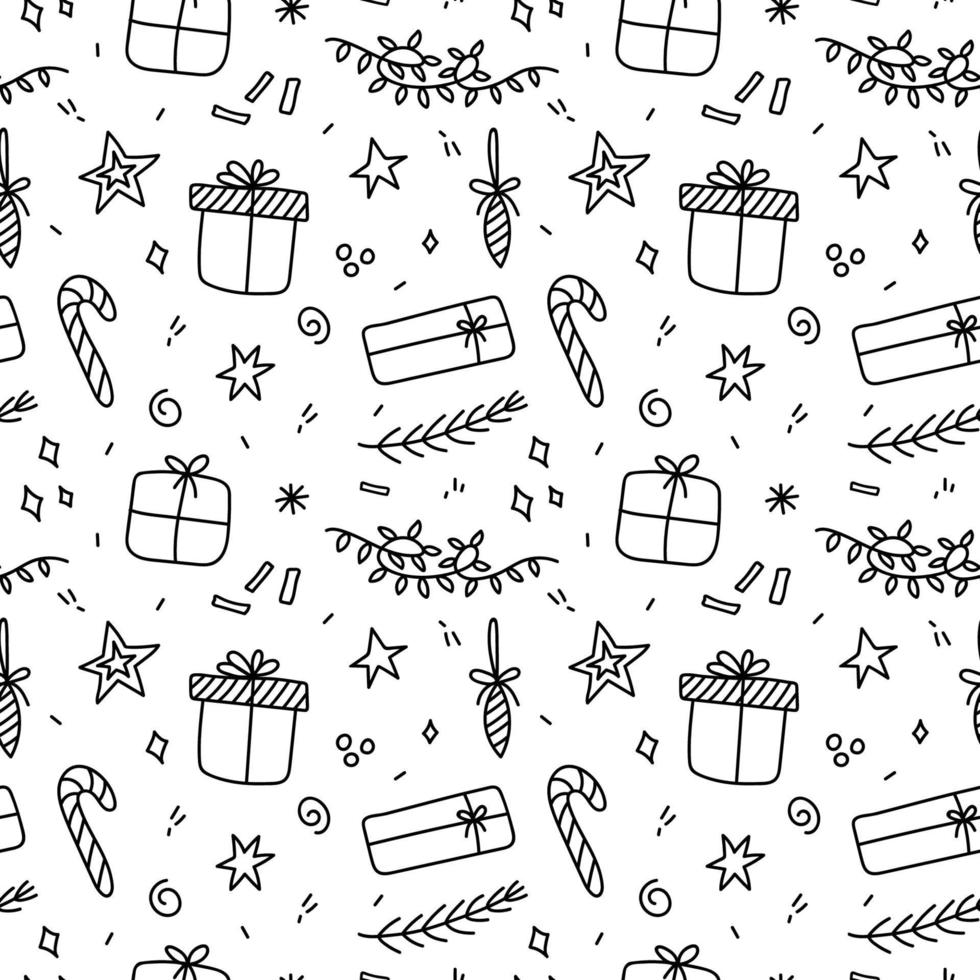 Cute Christmas seamless pattern with gifts, twigs, garlands, confetti vector