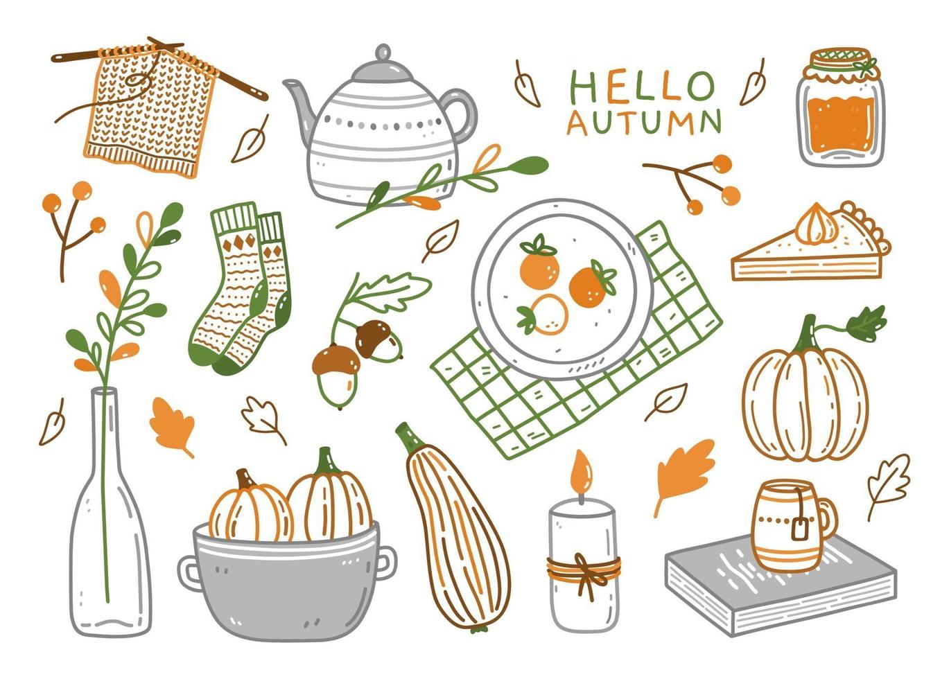 Set of cute autumn elements in doodle style vector