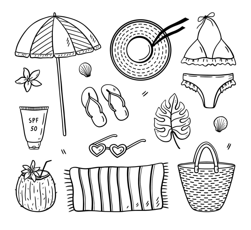 Beach summer set for vacation in doodle style vector