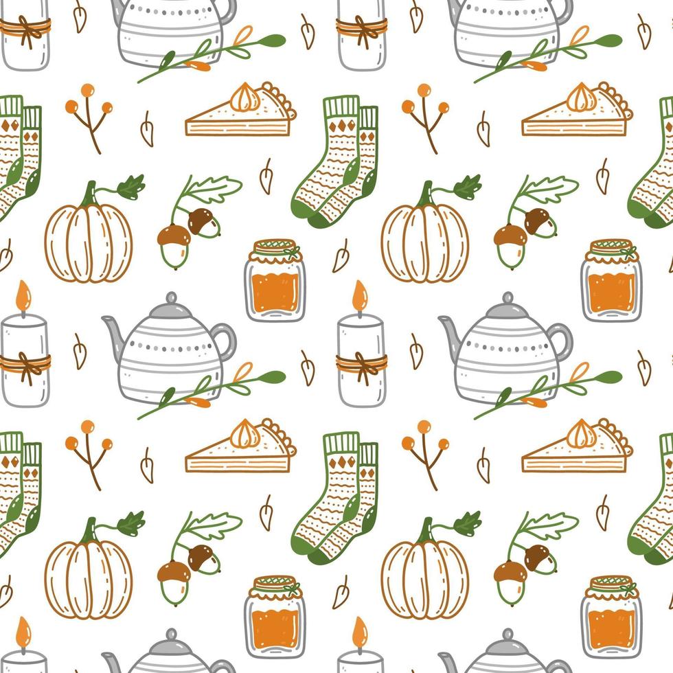 Cute seamless pattern with autumn elements in doodle style vector