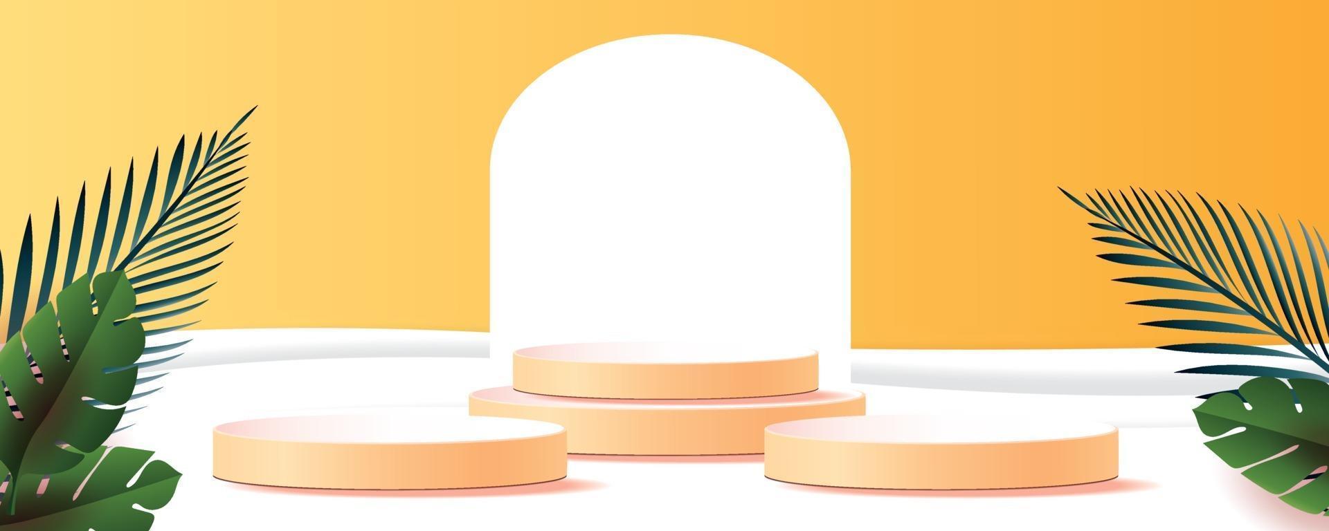 3d geometric podium mockup leaf tropical in summer season vector