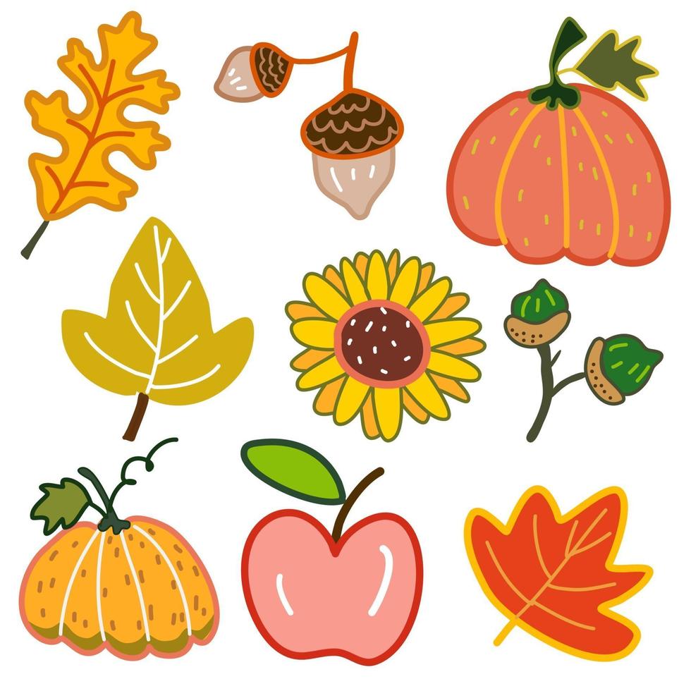 Fall season leaf and flower and elements autumn set cartoon vector 3444540  Vector Art at Vecteezy