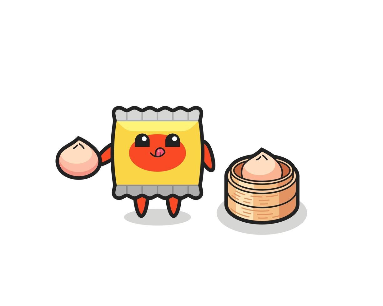 cute snack character eating steamed buns vector