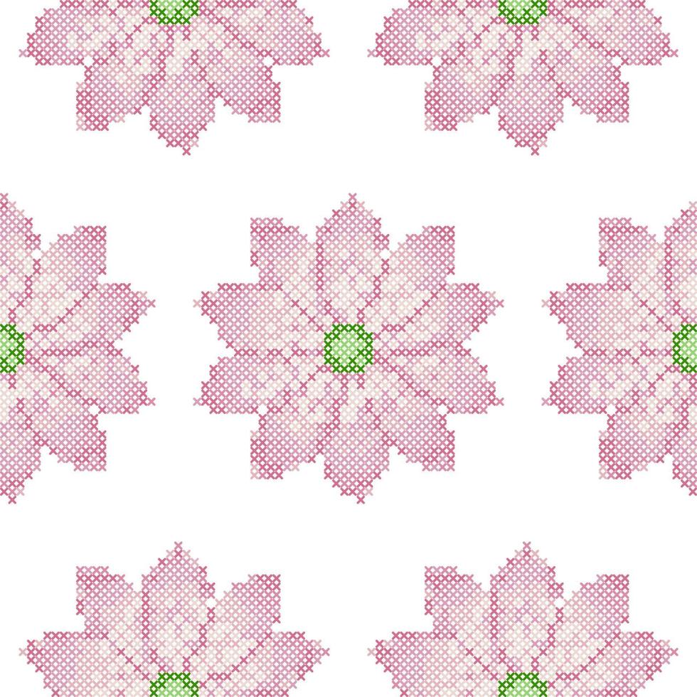 Cross Stitch Lotus Seamless Pattern vector