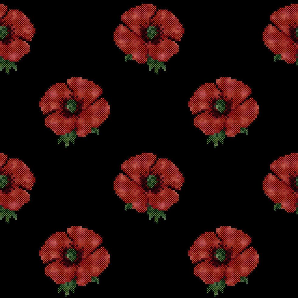 Seamless Pattern with Cross Stitch Red Poppies vector