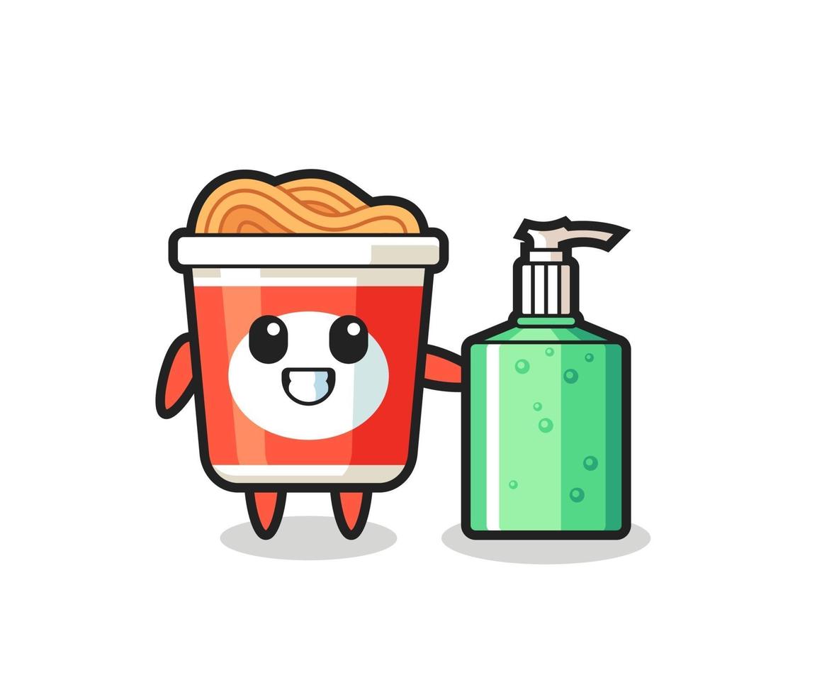 cute instant noodle cartoon with hand sanitizer vector